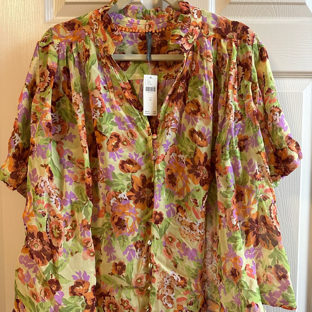 Anthropologie The Estela Short-Sleeve Sheer Printed Blouse